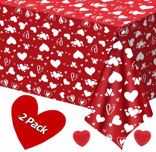 Litmitfu 2 Pack Valentines Tablecloth - Red Heart Valentines Table Cloth, Plastic Disposable Rectangle Valentine Table Cover for Valentine's Tables Decorations and Party Decor, 108 x 54 Inch - color: Red