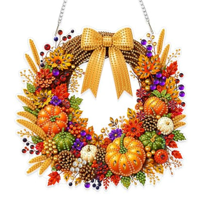Eiflow Hanging Diamond Art Fall Wreath Kit for Adults DIY Acrylic Diamonds Craft Painting Ornament Pumpkin Kit, Special Crystal Autumn Diamond Art Painting Window Door Hanging Pendant - color: Wreath