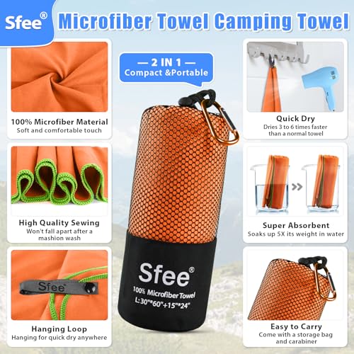 Sfee 2 Pack Microfiber Travel Towel, Quick Dry Towel Camping Towel Super Absorbent Compact Lightweight Sports Swim Gym Towel Beach Towels Set for Gym, Hiking, Pool, Backpacking, Bath, Yoga - color: Orange, size: M 48"x21"+24"x15"
