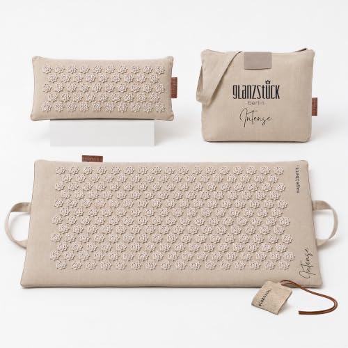 Glanzstück Berlin® Acupressure Mat and Pillow Set Intense - 6,850 Sharp Flower Tips for Deep Stimulation, Linen Cover, Coconut Fiber Fill, Carry Bag - 28" x 16.5" Massage Mat for Back, Neck & Feet - size: XL Intense