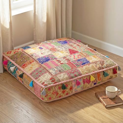 THE ART BOX Cotton Patchwork Vintage Boho Embroidered Floor Pillows & Cushion Cover Dog Pouf Seating Pouf Meditation Pillow Pet Bedding Cat Bed Boho Home Décor (35x35 Inches, Cover Only) - color: Beige