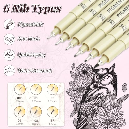 Micro Fineliner Pens 6 Types of Pen Nibs Fine Point Black Waterproof Drawing Pens, Archival Pigment Ink Sketching Supplies, Artist Inking Markers for Manga Journaling Illustration - color: 6 Tip Sizes