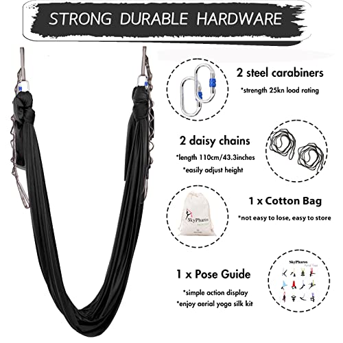 5.5 Yards Aerial Silks Yoga Swing Set - Aerial Yoga Hammock Kit Anti-Gravity Flying for Fitness, Low/Non Stretch Nylon Tricot Fabric Hardware Included for Dance - color: BLACK