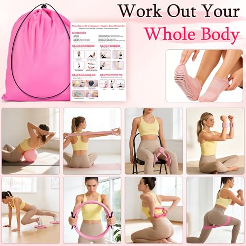 Pilates Essentials Kit for Women 15 Pcs Pilates Equipment for Home Workouts with Yoga Circle Ball Ring, 5 Resistance Bands,Pedal Puller Resistance Band,Anti Slip Socks for Starter Set