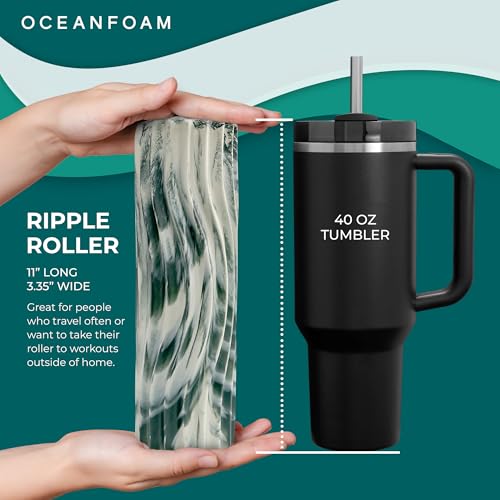 Oceanfoam Ripple Travel Foam Roller (11" x 3.35") Firm Mini Foam Roller for Physical Therapy, Deep Tissue Massage, Back Pain - High Density, Ergonomic Wave Textured - Yoga, Exercise (Hunter Marbled) - color: Hunter Marbled