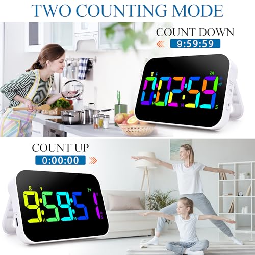 Kitchen LED Digital Timer Rechargeable, RGB Count Down Up Digital Timer with Vioce Reminder for Kitchen Classroom Cooking Study, Vibration Mode 3 Level Adjustable Volume and Brightness