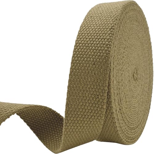 Heavy‑Duty Cotton Webbing Strap 1''x6yds Khaki for Bags | 2mm thick webbing for dog collars, backpack, bag handles, apron straps, slings, sewing repairs & DIY craft projects. - color: Khaki