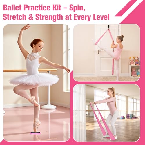 Ballet Practice Kit - Turning Board, Stretching Strap & Resistance Band to Improve Turns, Balance, Spinning for Dance - color: PINK