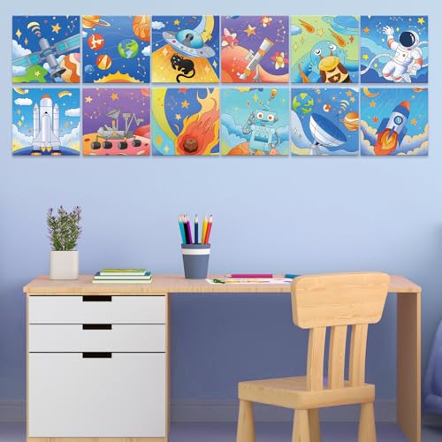 Anseal 12 Packs Pre Drawn Canvas to Paint, 4" X 4" Space Pre-Printed Canvas Paint Party, Stretched Outline Painting Boards for Beginners, Party Favor - style: Space