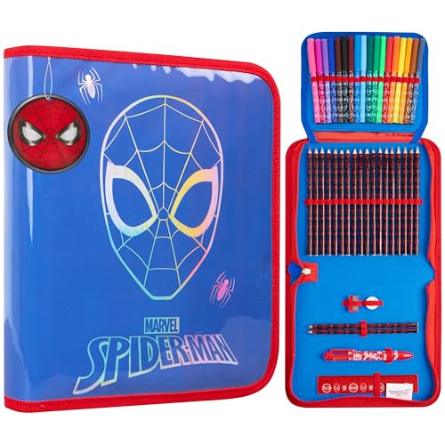 Marvel Spiderman Pencil Case with Colored Pencils Markers School Supplies Set Pen Holder Stationery Art Kit Gifts for Boys (Blue)