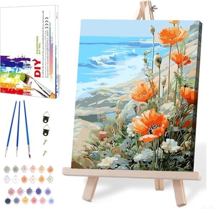 Paint by Numbers for Adults Beginner Flowers,Paint Number Kits Poppies and Daisies Adult,Paint by Number Sea View Adult Paint by Number Kits DIY Oil Painting Kits Gift, 12 x16 Inch（Include Framed） - color: DKH002