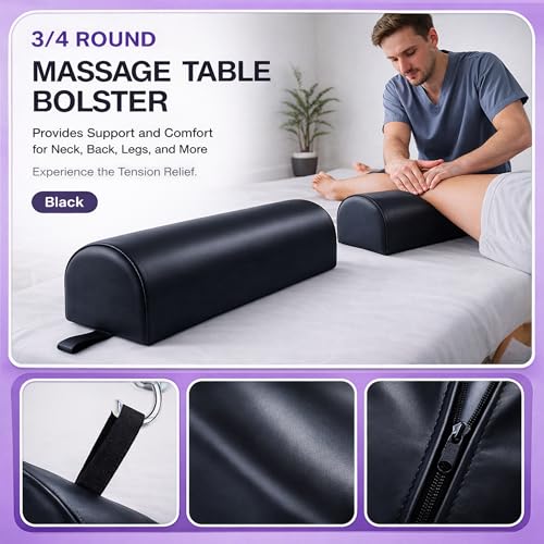 3/4 Round Massage Bolster Pillow 22 x 7 x 7 Inch, Professional Massage Table Bolster Cushion, Support Pillow for Spa, Physical Therapy, Chiropractic, Knee & Leg Support, Black