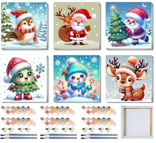 6 Pack Christmas Framed Paint by Numbers for Adults, Easy Acrylic Cartoon Painting by Number Kits on Canvas, Christmas Painting by Numbers Kits, Adults' Paint-by-Number Kits for Home Wall Decor 8x8in - color: Chrsitmas1 Paint By Numbers with Framed 6-pack