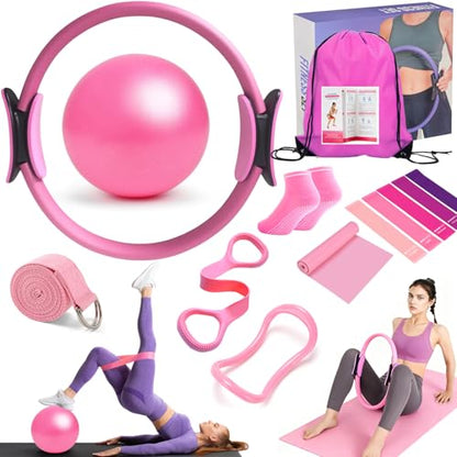 Pilates Ring Equipment Set, Home Pilates Kit for Women with 13’’ Magic Ring with Dual Padded Handles, Small Pilates Ball, 5 Resistance Bands & Complete Fitness Guide, Pilates Essential Accessories - color: 15pcs Pink