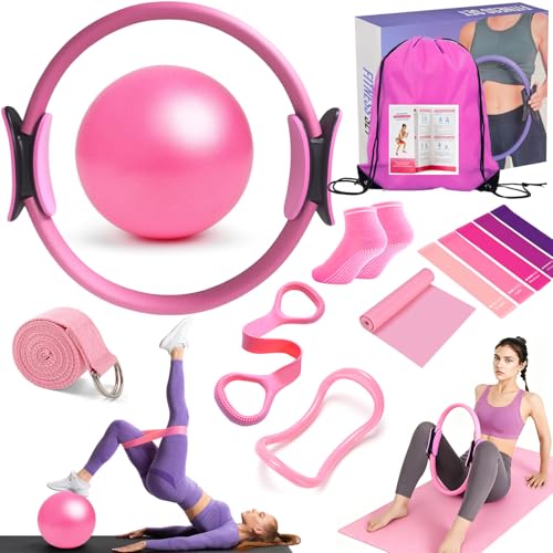 Pilates Ring Equipment Set, Home Pilates Kit for Women with 13’’ Magic Ring with Dual Padded Handles, Small Pilates Ball, 5 Resistance Bands & Complete Fitness Guide, Pilates Essential Accessories - color: 15pcs Pink