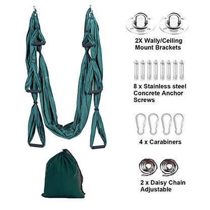 Aerial Trapeze Yoga Hammock Kit - Ultra Strong Antigravity Yoga Flying Sling Inversion Swing Tool Set - color: Green