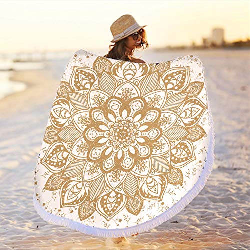 Oversized Round Gold Yellow Mandala Beach Towel Blanket, Microfiber Soft Sand Free Large Water Absorbent Beach Blanket for Women Circle Swim Pool Towel Meditation Table Rug with Tassels 60 inch - color: Yellow Golden Beige Mandala