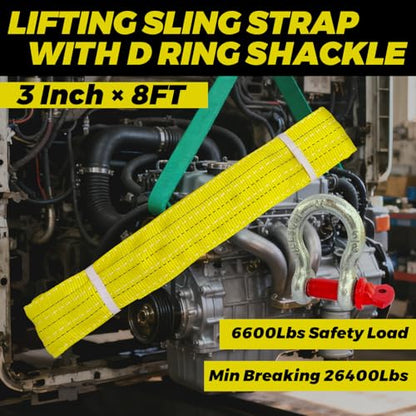 HENBOW Lifting Straps for Hoist,8' × 3" Heavy Duty Flat Lift Sling Straps with D Ring Shackle 6600 lbs Safety Load，Web Sling Car Tree Saver Winch Recovery - size: 3 Inch × 8 FT