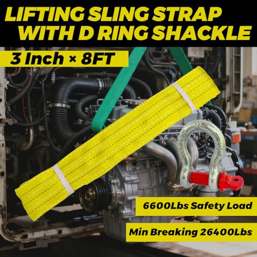 HENBOW Lifting Straps for Hoist,8' × 3" Heavy Duty Flat Lift Sling Straps with D Ring Shackle 6600 lbs Safety Load，Web Sling Car Tree Saver Winch Recovery - size: 3 Inch × 8 FT