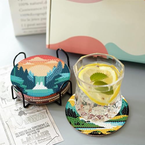 Clendo 8 Pcs Landscape Diamond Art Coasters Kit with Holder, Sunset Small Diamond Art Kits for Adults Beginners, Diamond Painting Coasters Arts and Crafts for Adults Supplies Item Sets - color: Bdwy299-us