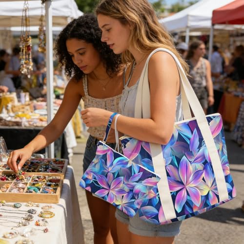 IAXIC Waterproof Tote Bag and Wet Bag Set, Summer Pattern Design for Beach Travel Gym Holiday Gifting - color: Purple Blue Tropical Flower