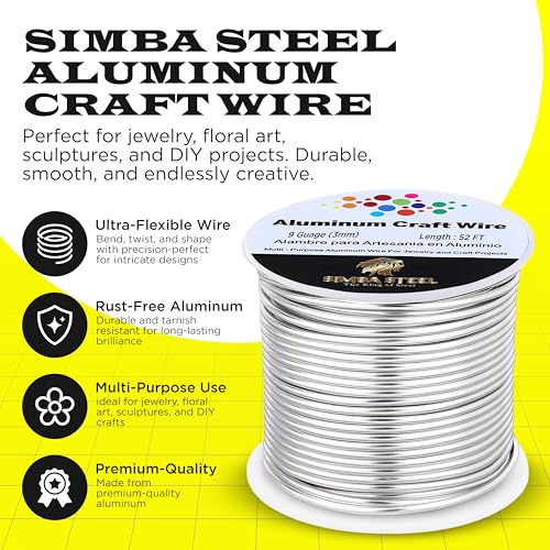 9 Gauge Aluminum Wire 52 Ft (Silver, 3mm), Metal Armature Wire for Sculpting, Aluminum Craft Material, Jewelry Making, Bendable for Crafts, Beading & Floral Design by Simba Steel - style: 9 Gauge x 52 FT