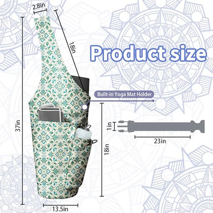 Yoga Bag for Women, Large Yoga Mat Bag Tote Carrier with Wet Dry Pocket | Water Bottle Holder & Adjustable Strap, Fits 1/2" Thick Yoga Mat for Gym, Pilates, Travel, Work - color: Green Flowers
