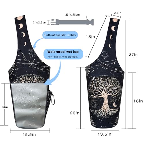 Yoga Mat Bag - Large Opening Long Tote Yoga Mat Carrier Holder Bag with Waterproof Wet Zipper Pocket and Drawstring Water Bottle Pocket - Yoga Bag Fit Most Size Mats - color: Tree of Life