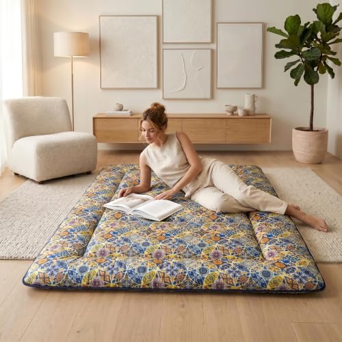 Zelladorra Japanese Floor Mattress, Futon Mattress | Roll Up Tatami Mat with Portable Storage Bag and Washable Cover, Suitable for Camping, Guest Room, Vibrant Mosaic - color: Vibrant Mosaic( 4"th + Dust Cover ）, size: Queen (80"L x 60"W)