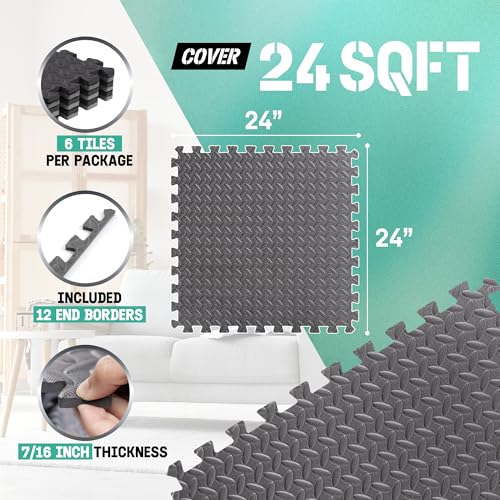 Yes4All 24SQFT-120SQFT Puzzle Exercise Mat for Home Gym, EVA Interlocking Foam Floor Tiles with Border for Workout Equipment - color: Black, style: A. 7/16" Thick, 24SQFT