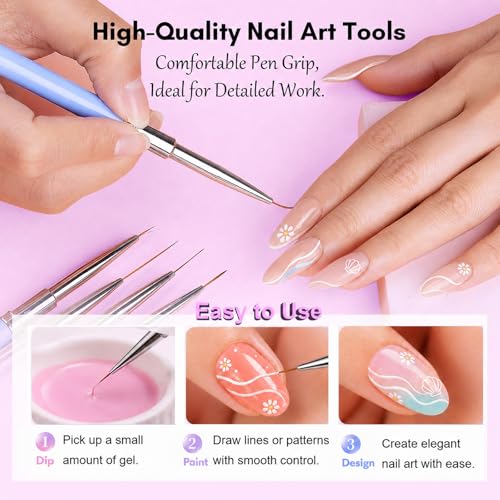 Makartt Nail Art Brushes Set: 5pcs Liner Brushes 7/9/11/15/25mm Thin Nail Art Design Brush with Cap Nail Polish Brush for Builder Gel 3D Nail Gel French Tip Tool Nail Painting | 7/9/11/15/25mm Thin Precision Tips, Ideal for 3D gel, Builder Gel, French Tip