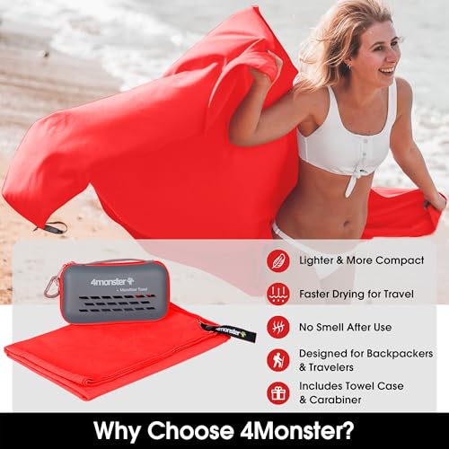 4Monster Quick Dry Travel Towel with Case & Carabiner – Super Absorbent Microfiber Gym & Camping Towel. Compact, Lightweight, Fast Drying for Beach, Swimming, Hiking, Backpacking - color: Red, size: 20.00" x 12.00"