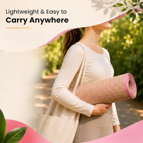 LFH Home Handmade Straw Yoga Mat For Exercise, Workout, Fitness - Perfect Heavy Quality Eco Friendly Natural Straw Reversible Yoga Mat for Men & Women - 72x24 Inch - color: Baby Pink