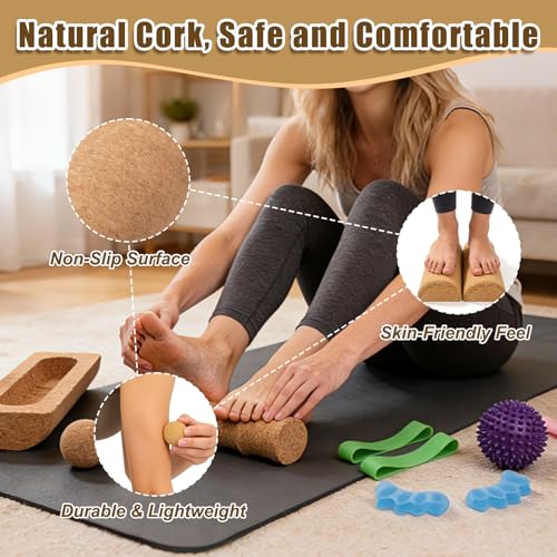 Cork Balance Board for Adults, Foot & Ankle Strengthener Balance Trainer with Cork Roller, Spiky Massage Ball, Toe Correctors & Stretch Strap, Foot Balance Board Set for Mobility, Stability & Functional Training