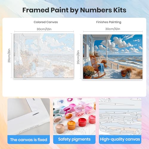 HEIBAGO Framed Paint by Numbers Kit Landscape for Adults, Paint by Numbers for Adults Beginner, Adult Paint by Number Kits Beach on Canvas, DIY Painting by Numbers for Gift Home Wall Decor 8 x 12 Inch - color: Seaside Scenery