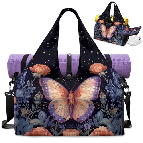 Gym Bag with Yoga Mat Holder Large Tote Bag With Multi Pockets for Women Men Dry Wet Separated Pocket Carryall Yoga Tote Bag for Pilates Travel Workout Office - color: Pink Butterfly