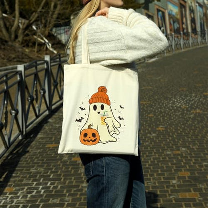 Kazova Halloween Canvas Tote Bag Cute Funny Ghost Tote Bag Cotton Reusable Grocery Shopping Beach Bag Halloween Shoulder Bag For Women Handbag - color: Ghost