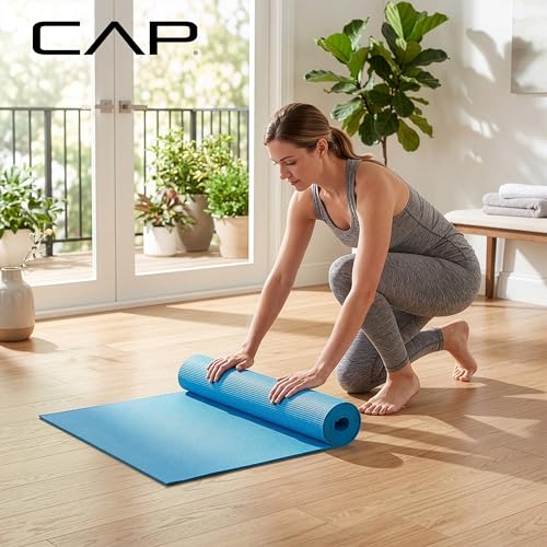CAP Non-Slip Yoga Mat for Home Workout & Pilates, Lightweight Exercise Fitness Mat with Textured Grip Surface, Portable Roll-Up Yoga Mat for Women & Men