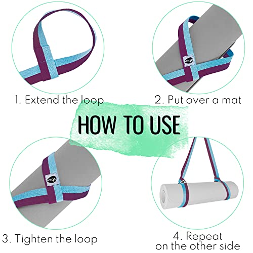 TECEUM Bundle of 2 Items – Yoga Mat Strap Purple Blue 64 IN & Stretching Strap for Yoga Purple Blue Polypropylene 1” – Mat Holder Sling For All Mats – Leg Strap for Exercising, Physical Therapy