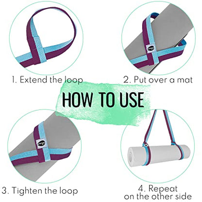 TECEUM Bundle of 2 Items – Yoga Mat Strap Purple Blue 64 IN & Stretching Strap for Yoga Purple Blue Polypropylene 1” – Mat Holder Sling For All Mats – Leg Strap for Exercising, Physical Therapy
