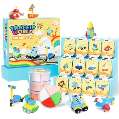 Air Dry Clay Kits for Kids - hittaty Traffic Model Magic Clay, 12 Boxes Molding Clay for Kids with Sculpting Tools and Tutorials, Safe, Soft & Non-Sticky DIY Arts and Crafts Gift for Boys & Girls