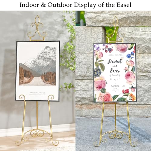 61”H x 20”L x 24”W Metal Extra Large Free Standing Display Stand Easel | Gold Scroll Floor Easel Stand for Sign Wedding Mirror Picture Frame, with Adjustable Chain