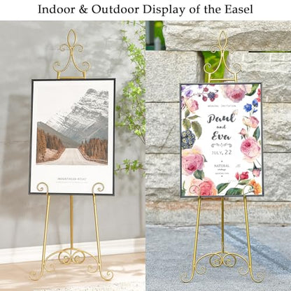 61”H x 20”L x 24”W Metal Extra Large Free Standing Display Stand Easel | Gold Scroll Floor Easel Stand for Sign Wedding Mirror Picture Frame, with Adjustable Chain