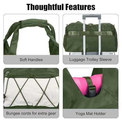 Forestfish Gym Bag For Women With Yoga Mat Holder, Army Green | Shoe Compartment, Wet Dry Storage Pocket, Removable Shoulder Strap, Lightweight & Water Resistant - color: Army Green