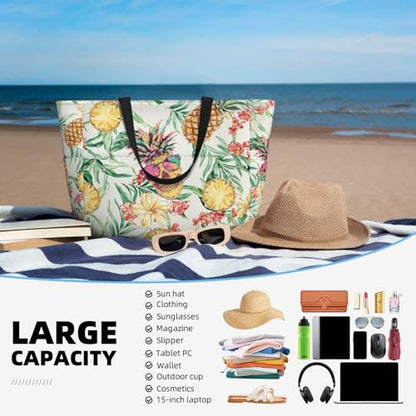 Large Beach Bag for Women Waterproof Foldable Travel Shoulder Tote Bag with Pocket for Weekender Pool Vacation - color: Pineapple Beige