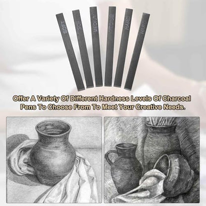 MECCANIXITY Compressed Charcoal Sticks, Soft Grade Square Vine Charcoal Sticks Set Art Supplies for Painting Drawing Sketching Shading Artists Beginners(Pack of 6) - style: Soft