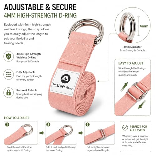 Yoga Strap for Stretching, Non-Elastic Yoga Belt with D-Ring - color: Pink, size: 6Feet/1.8M