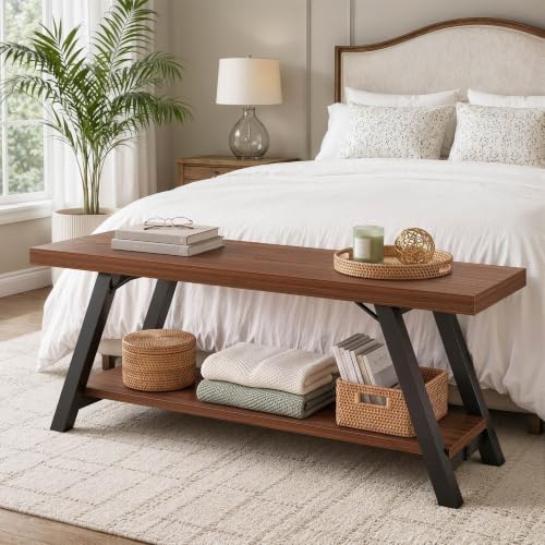 LVB Industrial Entryway Bench with Storage, Wood and Metal Bedroom Bench - color: Walnut