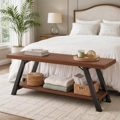 LVB Industrial Entryway Bench with Storage, Wood and Metal Bedroom Bench - color: Walnut
