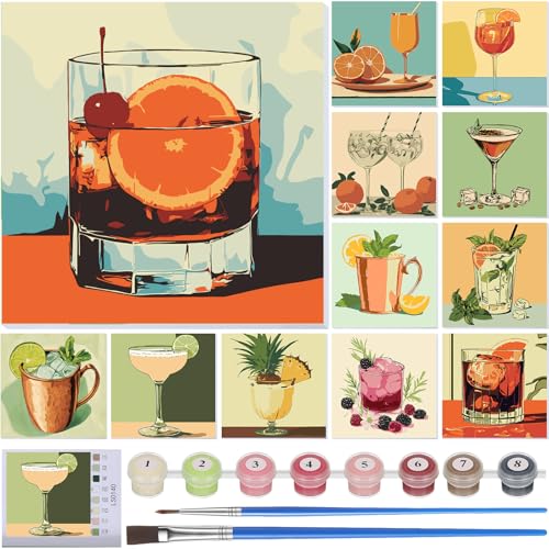 Nezyo 12 Sets Paint by Numbers for Adults with Frame, Acrylic 8x8 - style: Cocktail